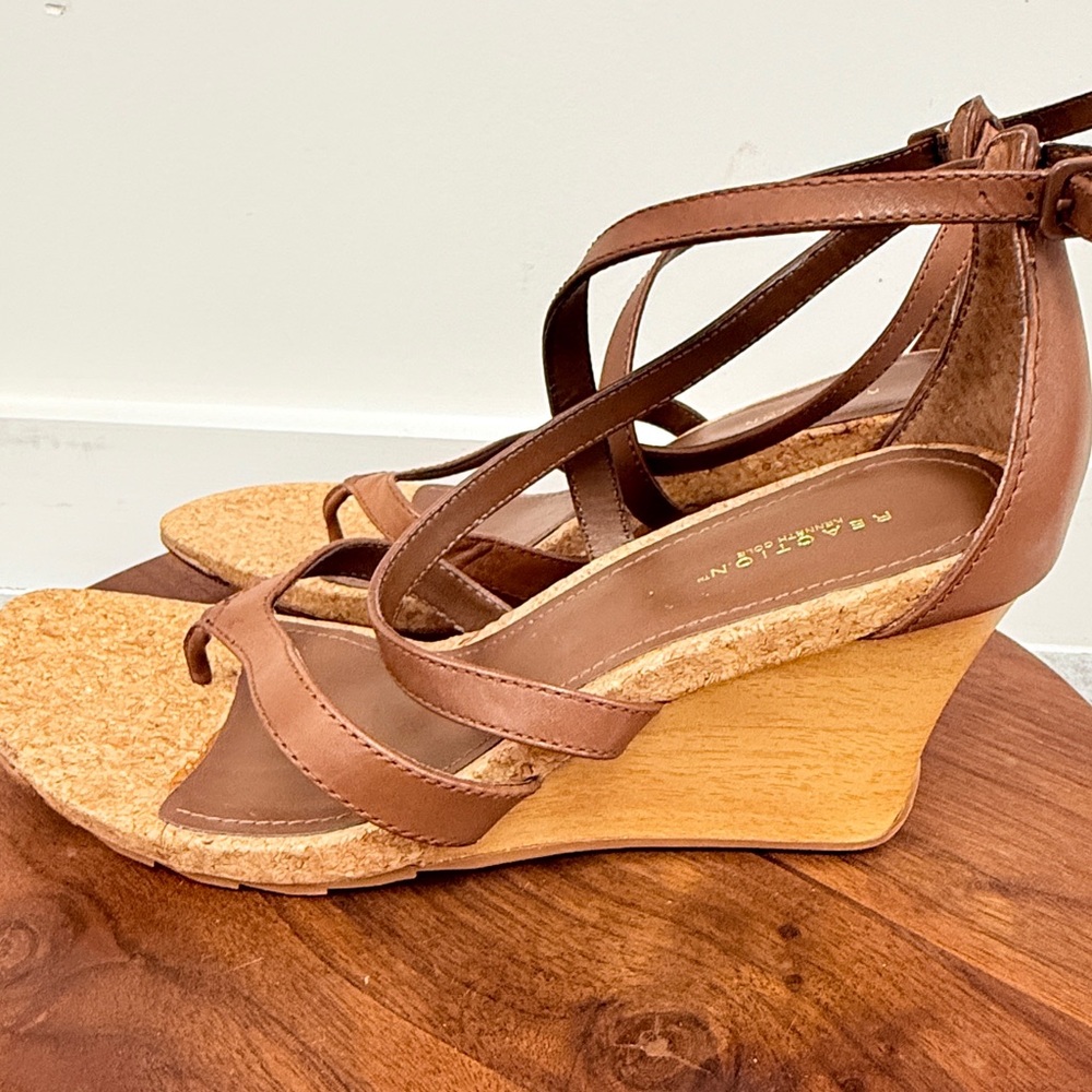 Kenneth Cole Reaction Cabin Brown Leather Cork Wedge Sandals Womens 8M LR01143